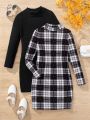 SHEIN Kids HYPEME Girls' Sporty Street Style Knitted High-neck Long Sleeve Dress Two Piece Outfit, Multiple Colors