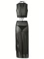 SHEIN Swim BAE Women's Mesh Lace-Up Top And Slit Skirt Cover Up