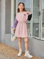SHEIN Kids EVRYDAY Girls' Knit Colorblock Loose Fit Pullover Dress With Elastic Waist For Casual Outfits