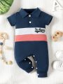 Baby Boy's Color Block Casual Polo Collar Short Sleeve Romper Jumpsuit With Shorts, Summer