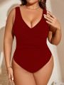 SHEIN Swim Basics Plus Size Women's Solid Color V-Neck Ruched One Piece Swimsuit New Year