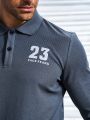 SHEIN Golf Casual Men's Long Sleeve Polo Shirt With Arabic Numeral Print, Turn-down Collar And Button Placket