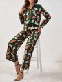 SHEIN LUNE Printed Shirt And Long Pants Casual Two-piece Set