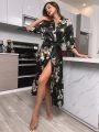 Floral Print Belted Satin Robe