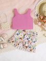 SHEIN Baby Girls' Casual Knitted Vest Top And Floral Print Lotus Leaf Hem Skirt Set