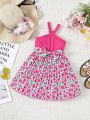 SHEIN Kids EVRYDAY Toddler Girls' Floral Print Belted Halter Neck Dress