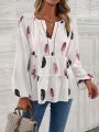 SHEIN Essnce Feather Print Notched Neckline Lantern Sleeve Peplum Blouse