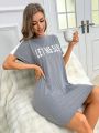 Women's Letter Print Round Neck Nightgown