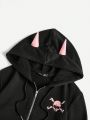 Kawaii Skull Print Zip Up 3D Horn Design Drawstring Hoodie