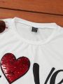 Text & Heart Pattern Printed Short Sleeve Casual T-Shirt