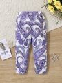 SHEIN Baby Girls' Leisure Paisley Printed Elastic Waist Skinny Pants For Holiday