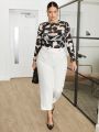 SHEIN BIZwear Plus Size Women'S Geometric Printed Mesh Long Sleeve Top And Camisole Tank Top 2pcs Set