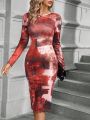 SHEIN Clasi Women's Red Printed Long Sleeve Slim Fit Dress