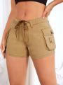 Drawstring Waist Flap Pocket Side Denim Shorts