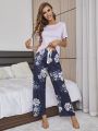 Solid Tee & Floral Print Bow Front Pants PJ Set