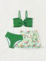 Little Girls' Bikini Swimsuit Set With Ruffle Trim Detailing & Tropical Print Swim Skirt