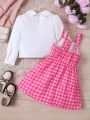 SHEIN Kids FANZEY Toddler Girls' Solid Color Shirt & Gingham Strap Dress 2pcs/Set