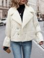 SHEIN Essnce Women'S White Double Breasted Lamb Wool Spliced Padded Coat