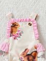 Baby Girl Easter Bunny Printed Backless Lace Hem Multi-Layer Skirt Overall Dress