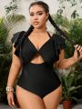 SHEIN Swim Vcay Plus Size Pure Color Twist Knot & Hollow Out Design One-Piece Swimwear With Ruffle Hem