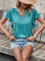 Solid Color Notched Neckline T-Shirt With Notched Ruffle Sleeves