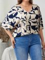 EMERY ROSE Plus Size Abstract Printed V-neck Half Sleeve Shirt