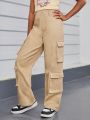 SHEIN Kids Cooltwn Girls' Fashionable Sporty Woven Solid Color Cargo Pants