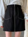 Dazy Star Contrast Stitching Zip Up Skirt