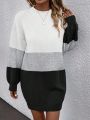 Women's Three-tone Spliced Round Neck Mid-length Sweater Dress