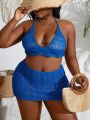 Plus Size Women's Solid Color Hollow Out Halter Top And Skirt 2 Piece Set Cover Up