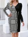 EMERY ROSE Women's Houndstooth Pattern Woolen Leg-of-mutton Sleeve Dress