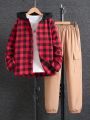 SHEIN Kids EVRYDAY 3pcs/set Boys' Casual Plaid Shirt, T-shirt And Long Pants Outfit, Suitable For Spring Outing