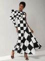 ISELACOS Asymmetric One Shoulder Loop Sleeve Checkers Dress