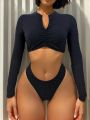 SHEIN Swim Chicsea Ladies' Solid Color Cut Out V-Neck Long Sleeve Swimsuit Top And High Cut Bikini Bottoms Separates