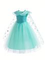 Young Girl Contrast Sequin Mesh Overlay Cape Party Dress