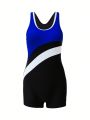 SHEIN Swim SPRTY Women's Splice Color One-piece Swimsuit With Trendy Design