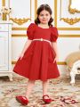 SHEIN Kids Nujoom Young Girl'S Casual Square Neck Bubble Sleeve Back Bowknot Dress