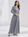 SHEIN Mulvari Women'S Color-Block Zipper Half Placket Long Sleeve Dress With Rolled Hem