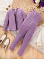 2pcs/Set Toddler Girls' Casual Ribbed Cardigan With Buttons And Jumpsuit Winter Outfits