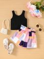 SHEIN Baby Girls' Casual Solid Color Tank Top With Geometric Print Belted Shorts Set