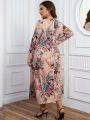 Plus Size Full Blooming Flower Print Long Sleeve Dress