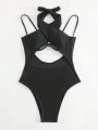 SHEIN Swim BAE Cross Front Cutout Halter One Piece Swimsuit, Sexy And Elegant