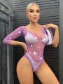 Rhinestone Studded Fishnet Teddy Bodysuit Without Liner