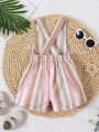 SHEIN Baby Girls' Casual Vintage Striped Fabric Sling Romper, Perfect For Outdoor Wear In Spring/Summer