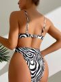 Women's Zebra Pattern Cutout Back With Chain Decoration Thin Straps One Piece Swimsuit