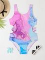 Tween Girl Marble Print Cut Out One Piece Swimsuit