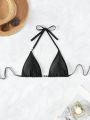 SHEIN Swim SXY Jeweled Letter Decoration Halter Neck Bikini Top