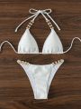 Triangle Bikini Set With Pearls And Rhinestone Decoration