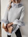 SHEIN Essnce Furry Patchwork Batwing Sleeve Sweater