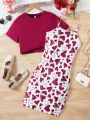 Teen Girls' Round Neck Short Sleeve T-Shirt And Heart Pattern Printed Suspended Dress Two-Piece Outfit